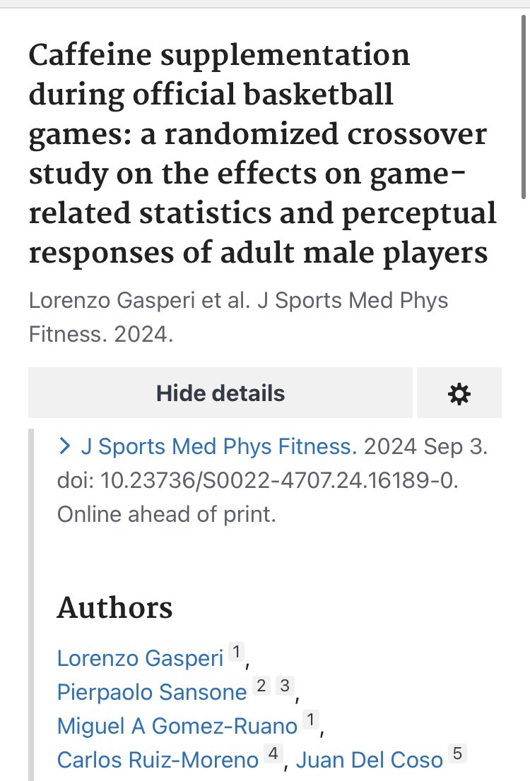 I’ m excited to share the first ever study supplementing ☕️ during official 🏀 games. Interesting practical applications for players’ defensive and physical performances. Great job team <a href="/GasperiLorenzo/">Lorenzo Gasperi</a> <a href="/magor_2/">Miguel Ángel Gómez</a> <a href="/jdelcoso/">juan del coso</a> <a href="/ruizmorenocafyd/">Carlos Ruiz Moreno</a> 

pubmed.ncbi.nlm.nih.gov/39225025/