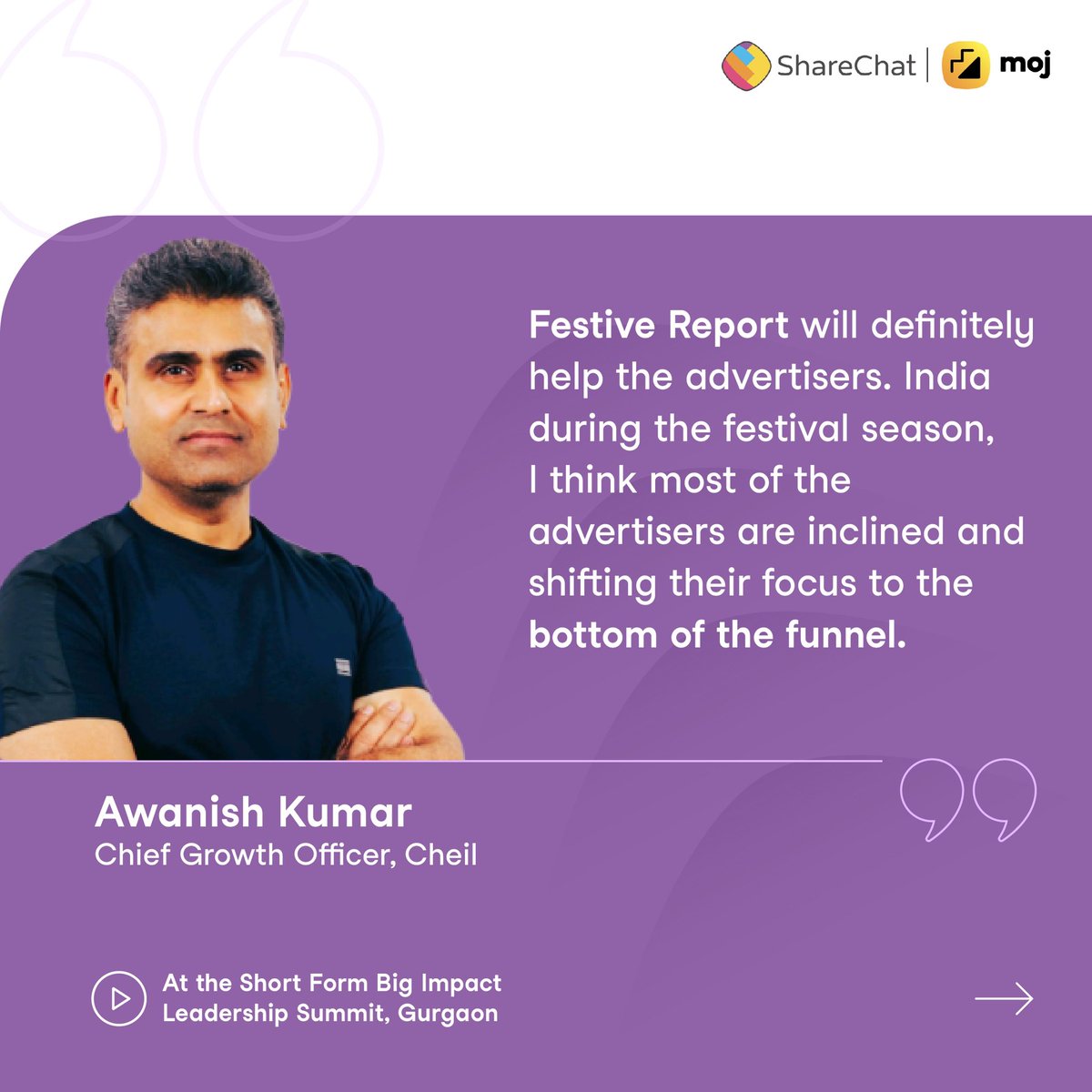 sharechatapp's tweet image. UPDATE! We are just one day away from the launch of our Short Form Big Impact #FestiveBlueprint Report and we recently asked industry leader, Kumar Awanish- Chief Growth Officer, Cheil India on what his expectation from our upcoming report is.

#ShortFormBigImpact #Sharechat #Moj