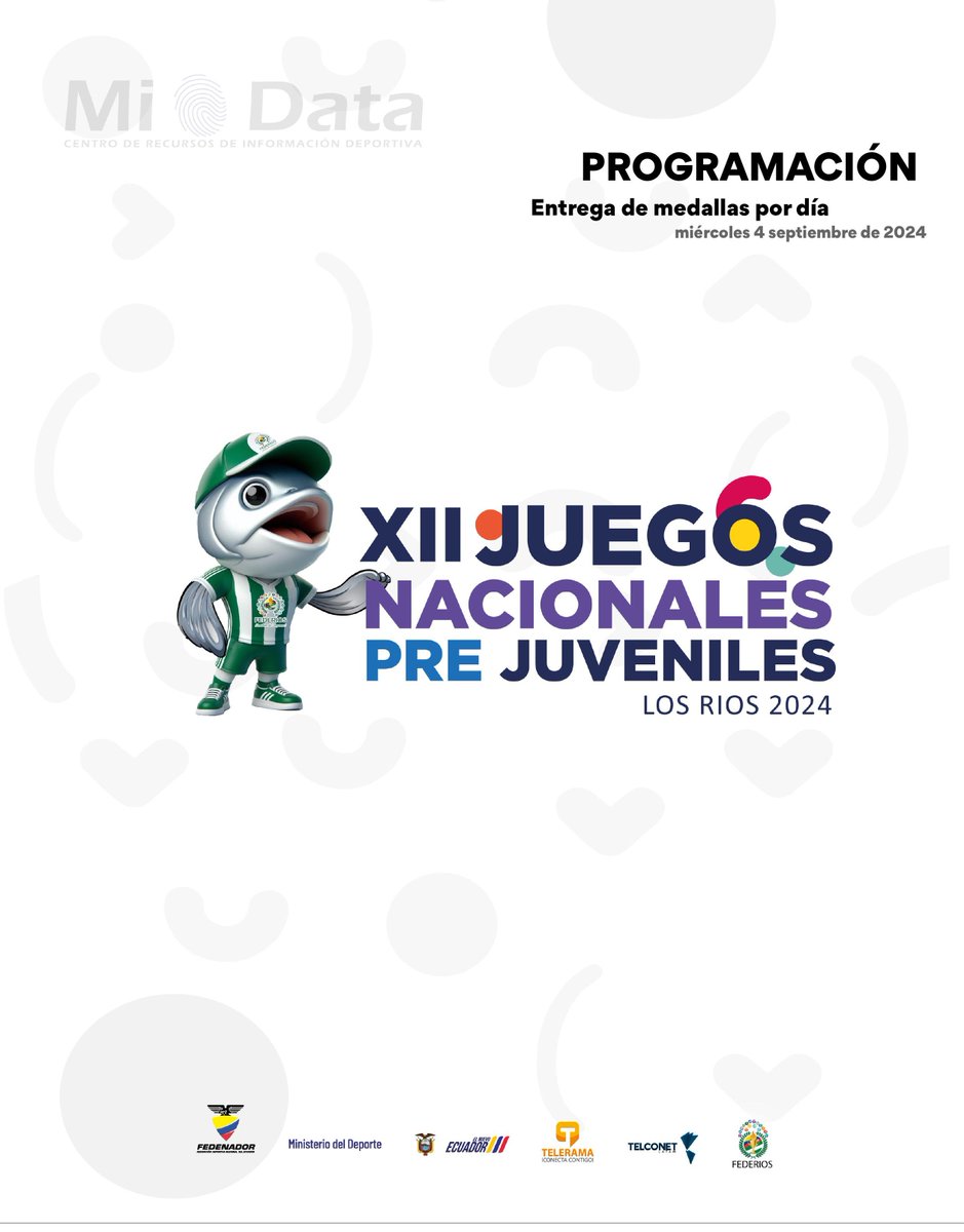 FEDENADOR_'s tweet photo. #PrejuvenilesLosRíos2024

📄Programación 

Compartimos la programación de competencias del día 04-09-2024 de los Juegos Nacionales Prejuveniles Los Ríos 2024.

#Fedenador #MiData 📊📈 https://t.co/FNIWFgzYS6