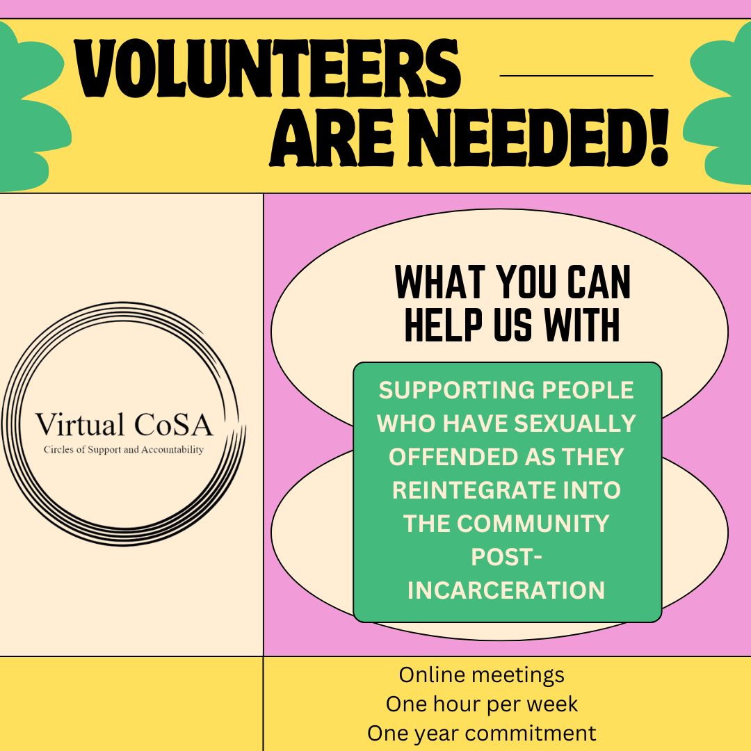 virtualcosa's tweet photo. Virtual CoSA is looking for Circle volunteers to support people who have sexually offended. Send us a message!
#CoSA #virtualCoSA #restorativejustice #reducerecidivism #nomorevictims #volunteer https://t.co/oFFoQPgKp6