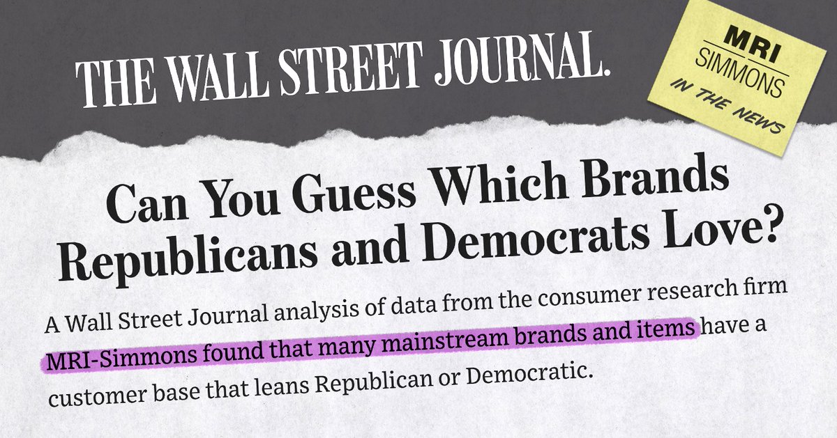 MRI-Simmons (@mri_simmons) on Twitter photo Based on the latest nationally representative data from MRI-Simmons, this Wall Street Journal analysis reveals which partisans prefer which brands.
Take this interactive quiz from <a href="/WSJ/">The Wall Street Journal</a> to see if you can guess which brands Republicans and Democrats love!
wsj.com/politics/elect… Based on the latest nationally representative data from MRI-Simmons, this Wall Street Journal analysis reveals which partisans prefer which brands.
Take this interactive quiz from <a href="/WSJ/">The Wall Street Journal</a> to see if you can guess which brands Republicans and Democrats love!
wsj.com/politics/elect…