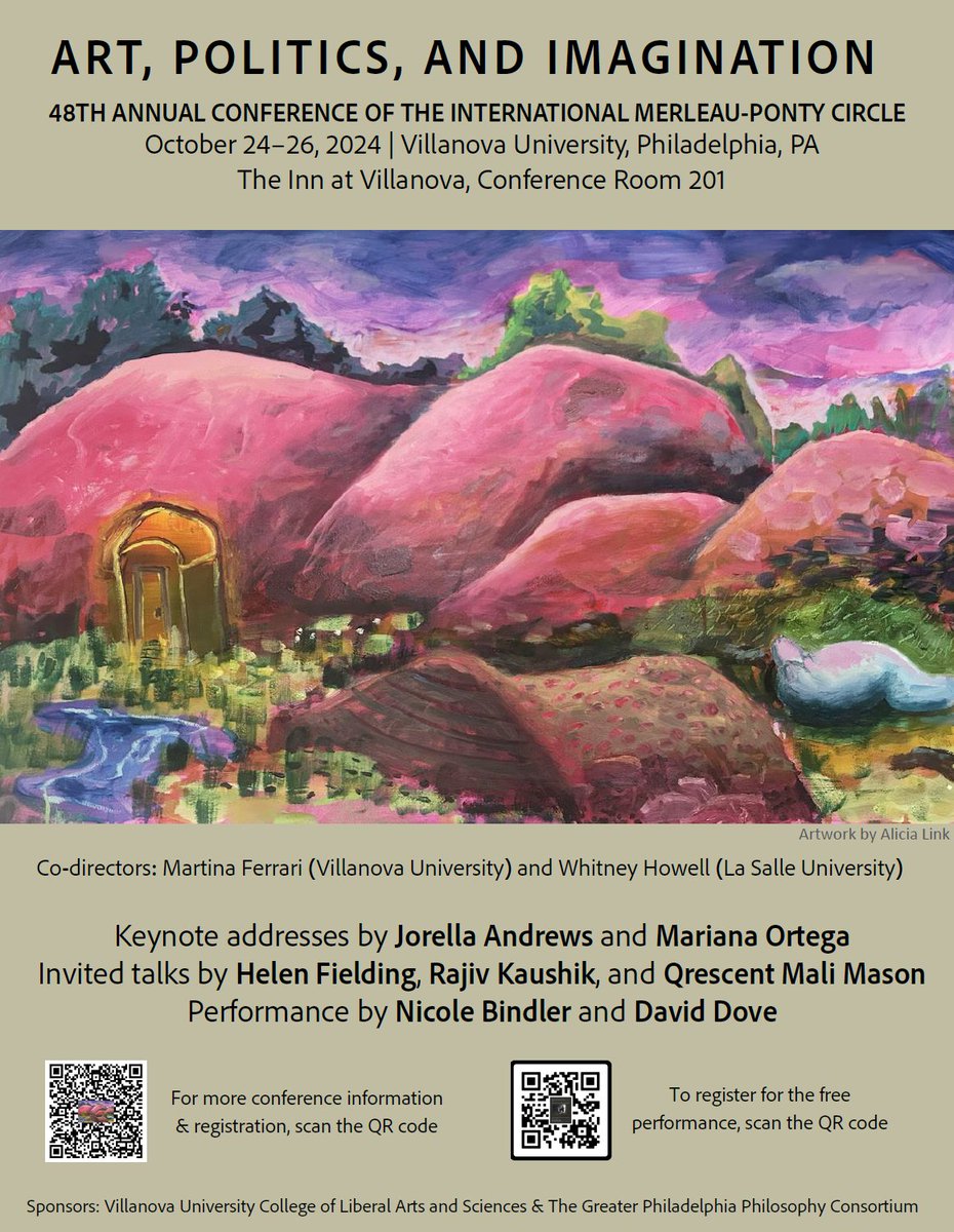 TheGPPC's tweet photo. More info on the annual meeting of the Int'l Merleau-Ponty Circle, Oct. 24-26 at Villanova (see poster).

Note! On Thurs. Oct 24, 8:15 pm, the conference features an artistic performance, sponsored by the GPPC, free and open to the public (advanced registration is required). https://t.co/qqgqwowEaD