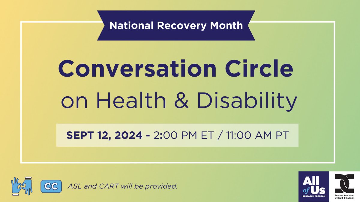 This #NationalRecoveryMonth we uplift the knowledge in our communities. Recovery for mental health and substance use is a huge milestone and a life-long path of learning. Join us on Sept 12 at 2pm ET for a discussion on #recovery care: bit.ly/Circle-Recover… <a href="/AAHD1/">AAHD Disability</a>