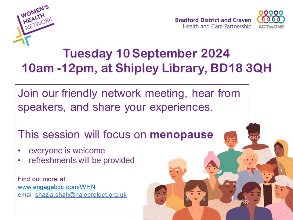 HALE π (@halecharitybfd) on Twitter photo The next <a href="/WHN_BfdDistrict/">Women's Health Network</a> meeting will take place tomorrow
β° 10am - 12pm
π Shipley Library, Shipley BD18 3QH
For more information please visit engagebdc.com/whn or email shazia.shah@haleproject.org.uk
#womenshealth #menopause #Bradford The next <a href="/WHN_BfdDistrict/">Women's Health Network</a> meeting will take place tomorrow
β° 10am - 12pm
π Shipley Library, Shipley BD18 3QH
For more information please visit engagebdc.com/whn or email shazia.shah@haleproject.org.uk
#womenshealth #menopause #Bradford