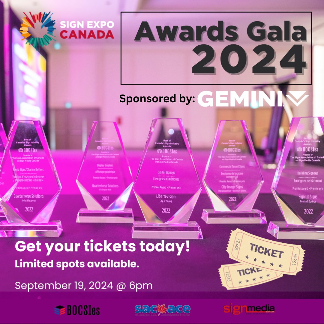 SACACE's tweet image. 🌟Get ready to be dazzled at the BOCSIes Award Gala on Sept. 19th @ 6PM!🌟
Join us for an unforgettable evening as we celebrate the best in the sign industry. This is the night where excellence takes center stage. 
Register: signexpocanada.ca/bocsi-awards
#canadiansignindustry #signs