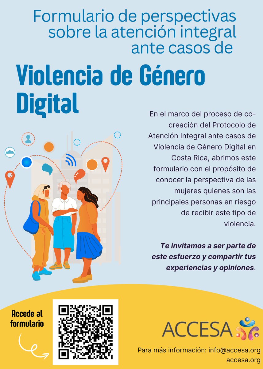 accesaorg's tweet image. Desde ACCESA te invitamos a participar de este formulario para conocer tus opiniones sobre #ViolenciaDeGénero Digital en Costa Rica. Tu perspectiva es fundamental para la co-creación del nuevo Protocolo de Atención. 🚺💬
🔗 Accede en: forms.gle/6uYevWykppkQeZ…