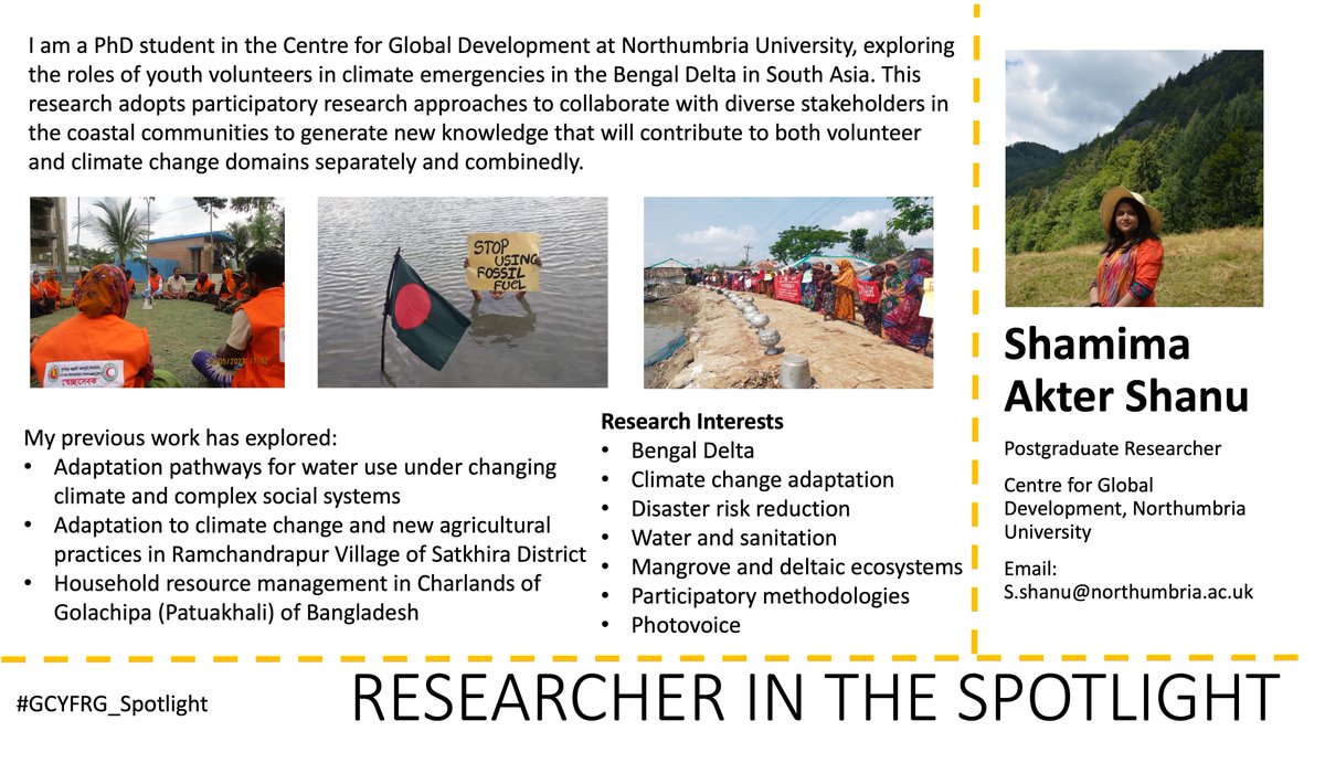 GCYFRG (RGS-IBG) (@gcyfrg) on Twitter photo Introducing our latest #GCYFRG_Spotlight <a href="/ShamimaShanu/">Shamima Akter Shanu</a>, based at
<a href="/NorthumbriaUni/">Northumbria Uni</a>
Her research explores the role of youth volunteering in climate emergencies.
See her full profile here: gcyfrg.wixsite.com/gcyfrg/researc⦠Introducing our latest #GCYFRG_Spotlight <a href="/ShamimaShanu/">Shamima Akter Shanu</a>, based at
<a href="/NorthumbriaUni/">Northumbria Uni</a>
Her research explores the role of youth volunteering in climate emergencies.
See her full profile here: gcyfrg.wixsite.com/gcyfrg/researcā¦