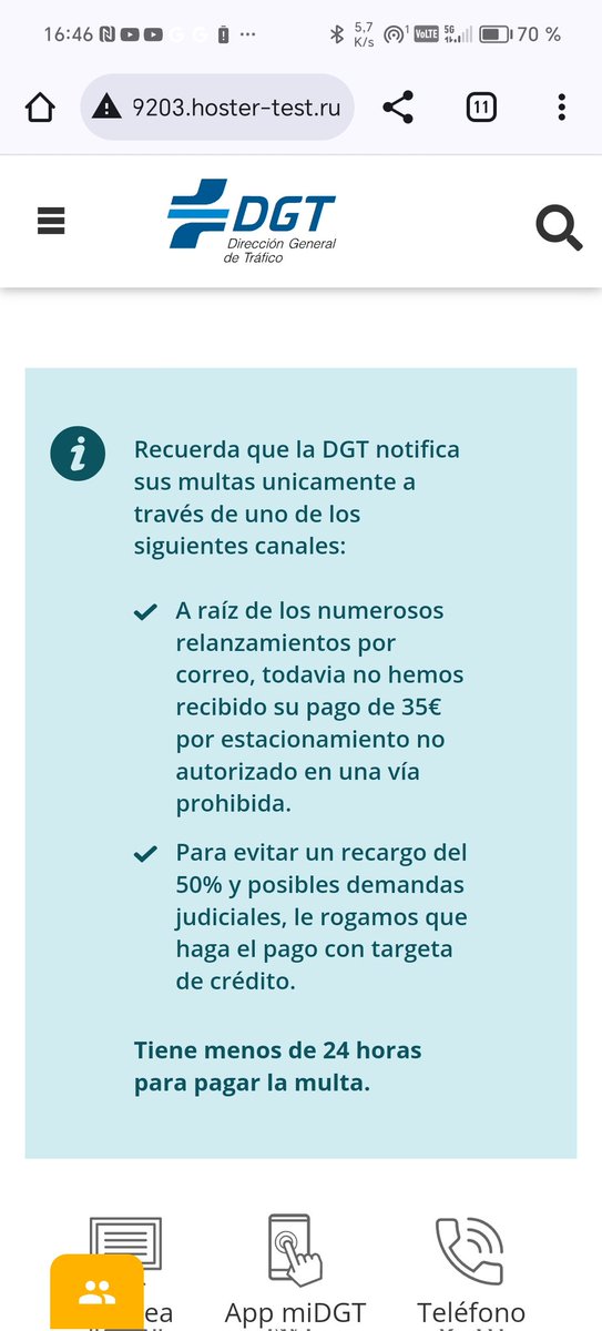 ElAzote54304700's tweet photo. @DGTes Hola! Entiendo que esto no es vuestro y es una estafa, no? La dirección web me hace sospechar https://t.co/sNRJFOe6ww