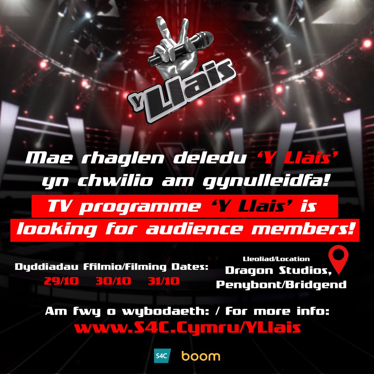 Y Llais (@yllaiss4c) on Twitter photo Bydda'n rhan o gynulleidfa Y Llais! | Be part of the audience for Y Llais!👀🎤
Dyddiadau Ffilmio | Filming Dates: 29 - 31/10/2024
Lleoliad | Location: Dragon Studios, Penybont/Bridgend
👉 Tocynnau am ddim yma: | Free tickets here: s4c.cymru/yllais
<a href="/ywsgwynedd/">Ywain Gwynedd</a> Bydda'n rhan o gynulleidfa Y Llais! | Be part of the audience for Y Llais!👀🎤
Dyddiadau Ffilmio | Filming Dates: 29 - 31/10/2024
Lleoliad | Location: Dragon Studios, Penybont/Bridgend
👉 Tocynnau am ddim yma: | Free tickets here: s4c.cymru/yllais
<a href="/ywsgwynedd/">Ywain Gwynedd</a>