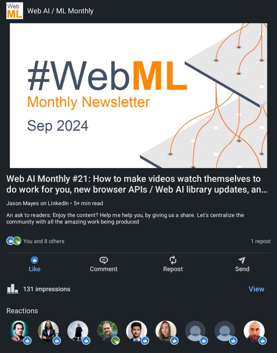 jason_mayes's tweet image. 🕸The #WebAI Sept newsletter is out! Featuring how to get videos to watch themselves to do useful work for you, new browser APIs and library updates, and amazing new demos like text to speech (TTS) entirely local on the client side! Read now:
linkedin.com/posts/webai_we…
#WebML #AI