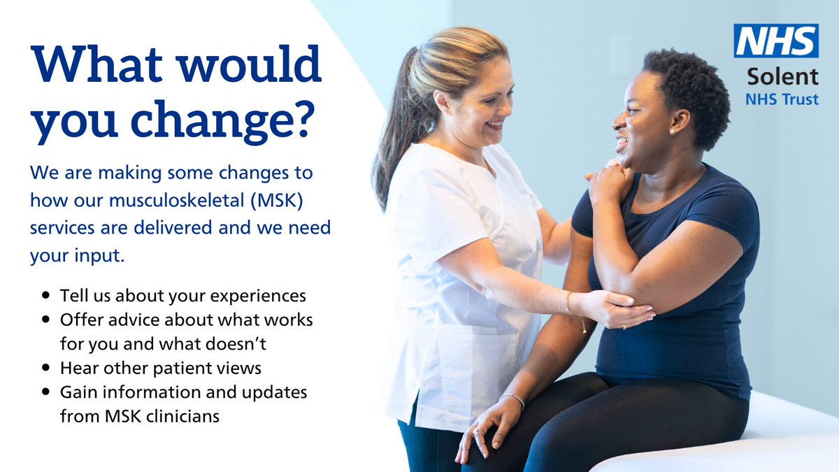 ❗We are making some changes to how our musculoskeletal (MSK) services are delivered and need your input to help us shape our offering 

ℹ For more information and to join please contact janet.ayling@solent.nhs.uk

#communityvoices #nhs #haveyoursay