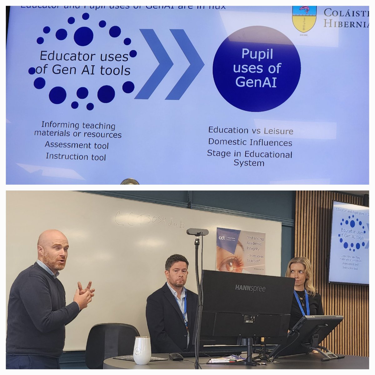 zrktalks's tweet photo. Another parallel session titled Student and Student Teacher Perceptions of GenAI in the Classroom by Robin Flynn, Quality, Enhancement and Registration Manager; Elva Casey, Registrar; and Ronan Mulhaire Academic Integrity and Assessments Manager, @HiberniaCollege at @cctcollege https://t.co/muA3gKBtN9
