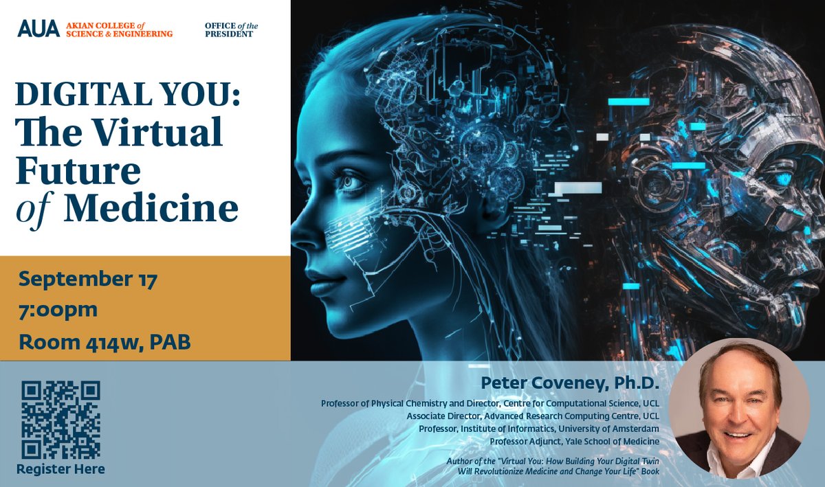 3/4 In his talk, Dr. Coveney will:  
🔸share breakthroughs in high-performance computing,
🔸make a comparison with other digital twin projects underway today,
🔸and highlight several biomedical issues being addressed based on various components of the future virtual human.