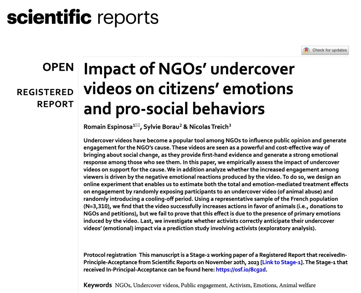 📣 Nouvelle étude sur l'impact des vidéos d'infiltration de <a href="/L214/">L214 éthique & animaux</a> 📹

Avec <a href="/sylvieborau/">Sylvie Borau</a> et <a href="/Treich13/">Nicolas Treich</a>, nous publions aujourd'hui dans Scientific Reports une étude sur l'impact des vidéos d'élevages industriels sur nos émotions et comportements prosociaux. 🐷

Petit résumé 👇