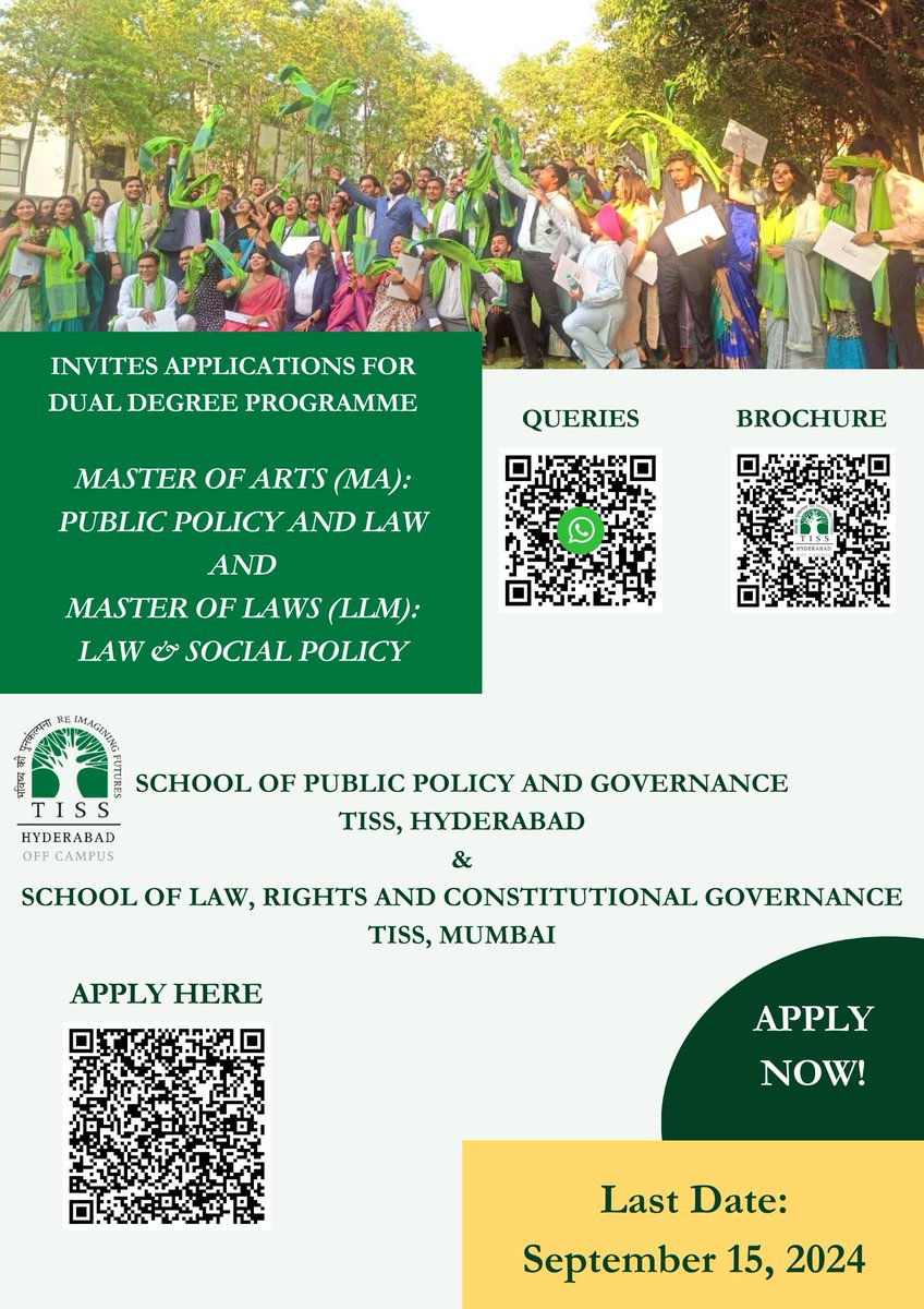 Admissions Open! Apply Now!

The School of Public Policy and Governance, Tata Institute of Social Sciences, Hyderabad, and, the School of Law, Rights and Constitutional Governance, Tata Institute of Social Sciences, Mumbai introduce an innovative dual degree programme - MA in