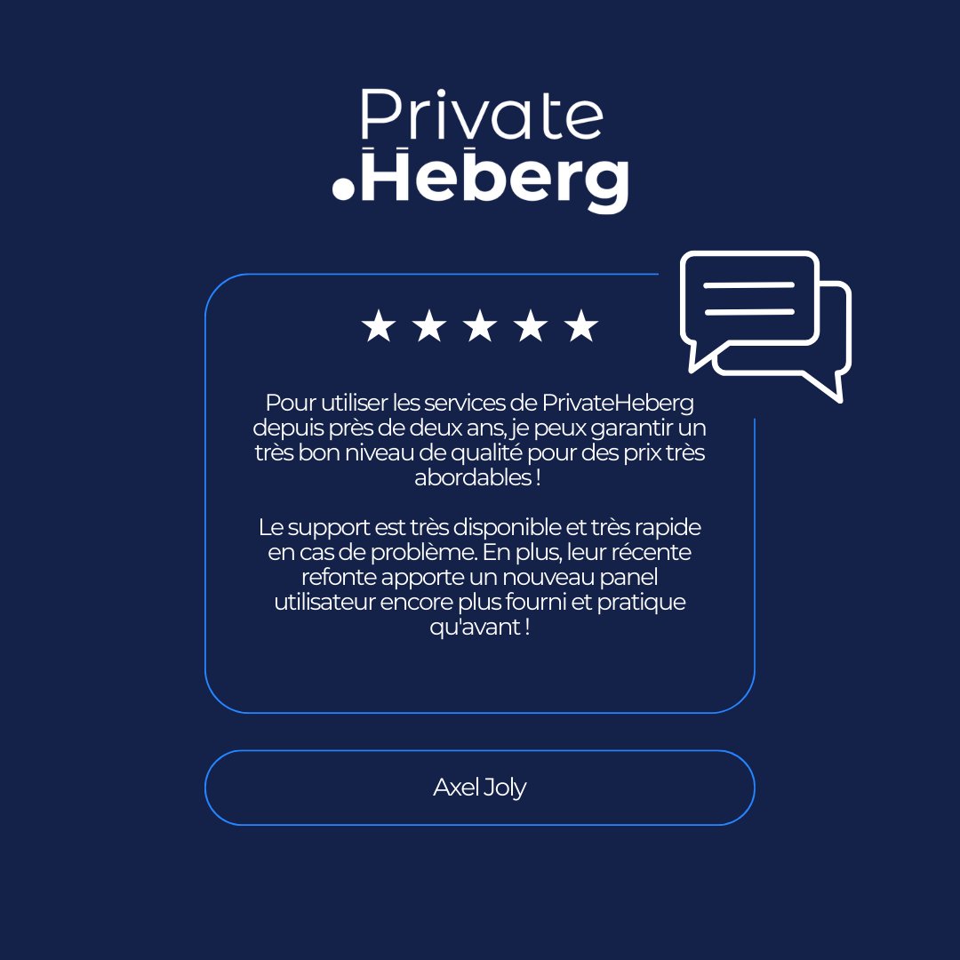 PrivateHebergFR's tweet image. ⭐️⭐️⭐️⭐️⭐️ &quot;Pour utiliser les services de PrivateHeberg depuis près de deux ans, je peux garantir un très bon niveau de qualité pour des prix très abordables ! Le support est très disponible et très rapide en cas de problème.&quot; - Axel Joly

#AvisClient #HébergementWeb