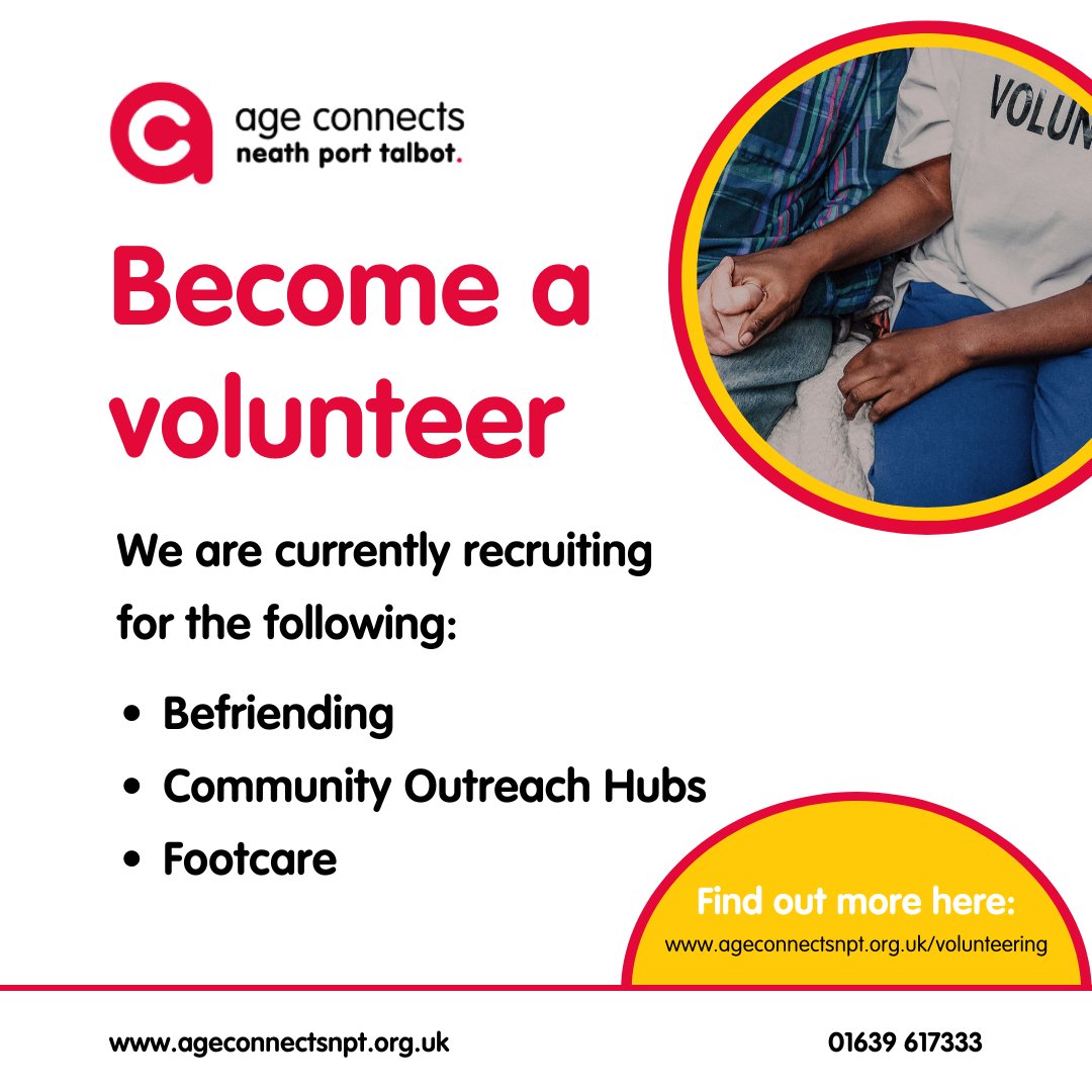 Want to help make a difference to the lives of older people?

There are a number of areas where you can help support. Please get in touch and speak to a member of staff today about the volunteering roles we have available: 
📞 01639 617333
✉️ info@ageconnectsnpt.org.uk