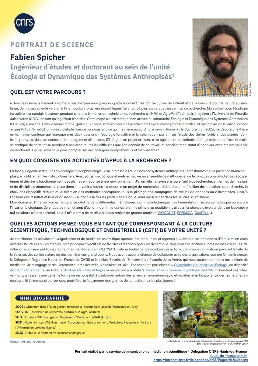 CNRS_HdF's tweet image. #PortraitDeScience 👨‍🔬 | Dans ce nouveau Portrait de Science, partez à la rencontre de @f_spicher, ingénieur d&apos;études @UMR_EDYSAN... et également doctorant !  

➡️ hauts-de-france.cnrs.fr/fr/cnrsinfo/po…

cc @UPJV_Univ @CNRSecologie