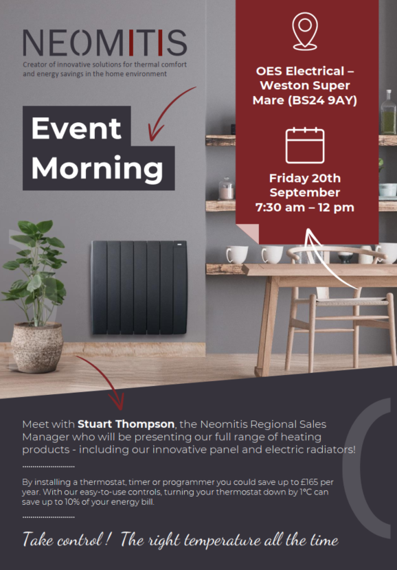 Our RSM Stuart Thompson will be showcasing the #Neomitis product range at <a href="/ltd_oes/">OES Electrical Supplies Ltd</a> (BS24 9AY) on Friday 20th September, 7 am – 12 pm📍

Visit to see how easy our products are to use and install! #Controlofchoice📷 #Thermostat #Electric #Radiators #TowelWarmers