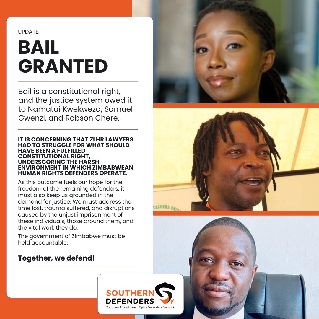 SouthernDefenders (@sahrdnetwork) on Twitter photo Zimbabwe 🇿🇼 | While bail is a constitutional right, the struggle to secure it points to the harsh reality faced by Zimbabwean human rights defenders.
As we celebrate the granting of bail for <a href="/namataik_/">Namatai Kwekweza🇿🇼</a>, <a href="/cdegwenzi/">Councilor Samuel Gwenzi</a>, and <a href="/robohchere/">Robson Chere</a>, we remain resolute in demanding justice for the Zimbabwe 🇿🇼 | While bail is a constitutional right, the struggle to secure it points to the harsh reality faced by Zimbabwean human rights defenders.
As we celebrate the granting of bail for <a href="/namataik_/">Namatai Kwekweza🇿🇼</a>, <a href="/cdegwenzi/">Councilor Samuel Gwenzi</a>, and <a href="/robohchere/">Robson Chere</a>, we remain resolute in demanding justice for the