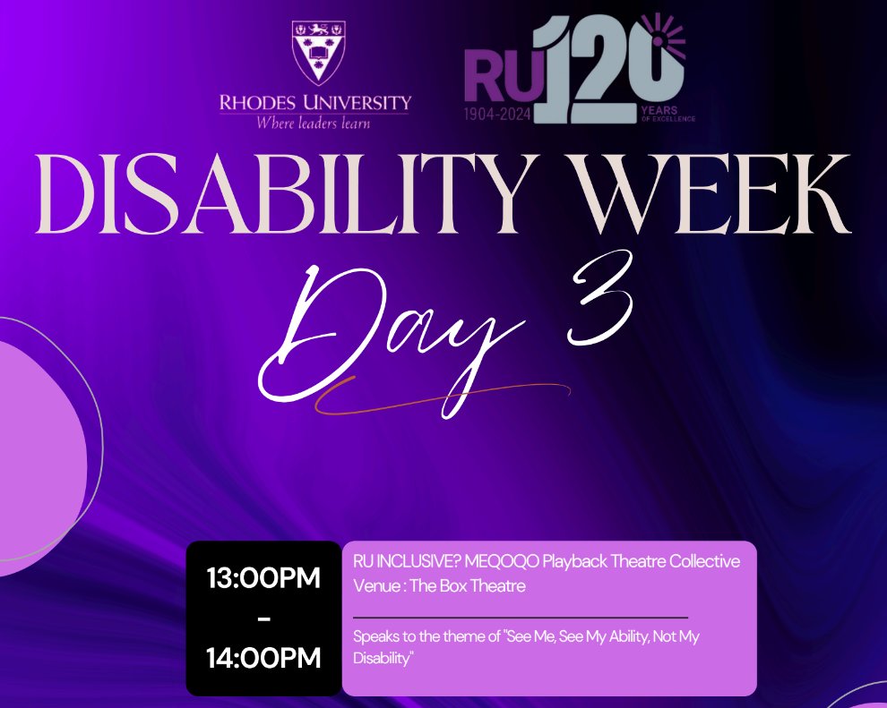 Rhodes_Uni's tweet photo. #SeeMyAbility | A Week of Advocacy and Empowerment
Rhodes University Division of Student Services & Development is hosting Disability Week 2024 under the theme "I Am Not My Disability - See My Ability." This week-long event aims to promote awareness, accessibility, and inclusivity for individuals with disabilities within the university community.
The week started with Assistive Technology Showcases and interactive activities such as a wheelchair basketball tournament and a blindfolded obstacle course, encouraging participants to explore accessibility tools and raise awareness through sport.
The @RhodesSRC will host a #PurpleThursday Activation tomorrow, which includes poetry sessions, choir performances, fun trivia, and DJ entertainment.
The week culminates with a Disability Seminar featuring a panel of key stakeholders discussing the theme "Navigating the World of Work When Differently Abled." This final event will provide valuable insights from those living and working with disabilities, accompanied by music performances celebrating the abilities of the differently-abled community.
By the end of the week, Disability Week will have provided awareness and opportunities for learning, reflection, and collaboration on fostering a more inclusive university environment.
Stay tuned.