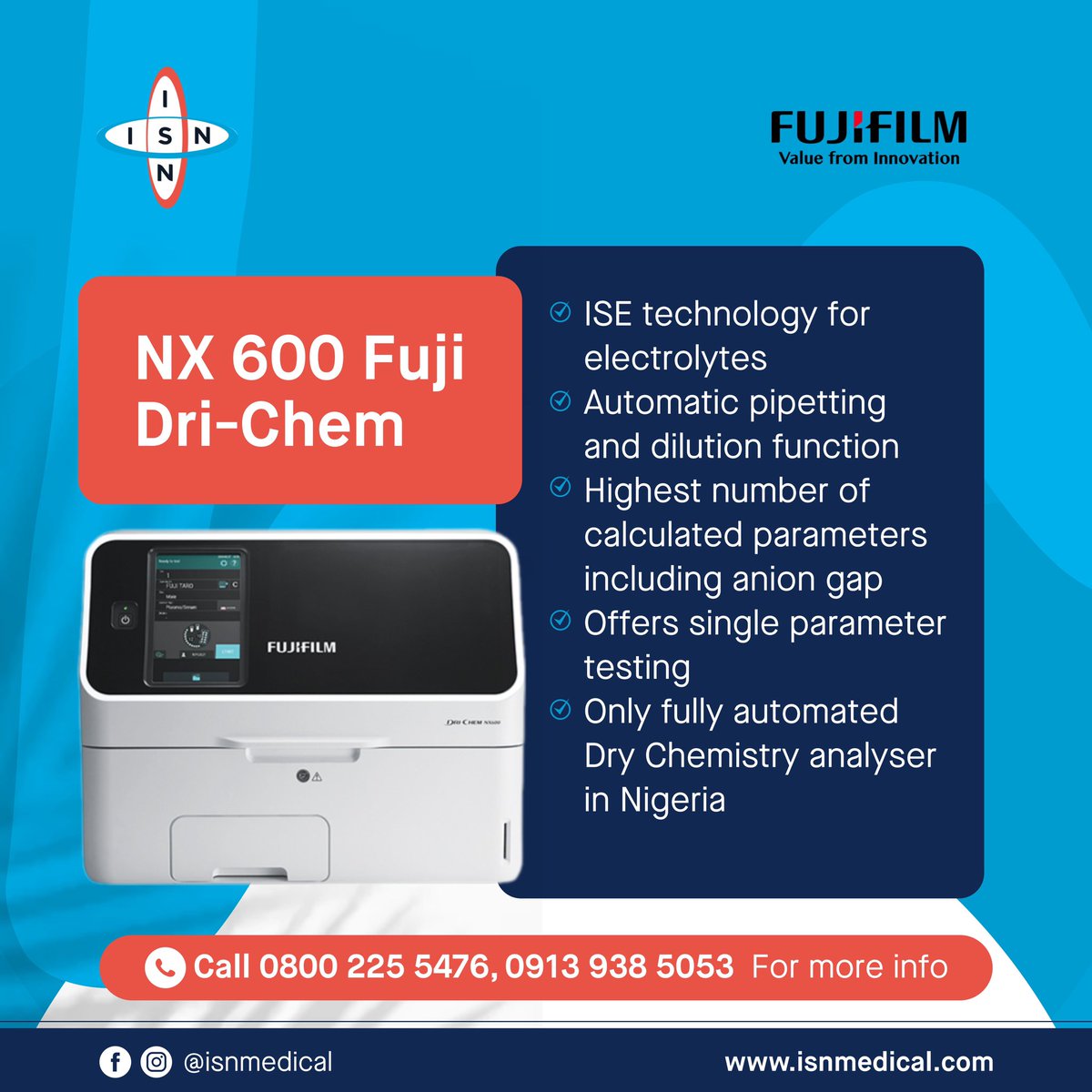 ISN_Medical's tweet image. Meet the NX 600 Fuji Dri-Chem: the fully automated Dry Chemistry analyzer. Featuring ISE technology, automatic pipetting, single parameter testing, and more. Elevate your lab’s efficiency today. Visit www.isnmedical to get started.

#MedicalTechnology #LabEfficiency
