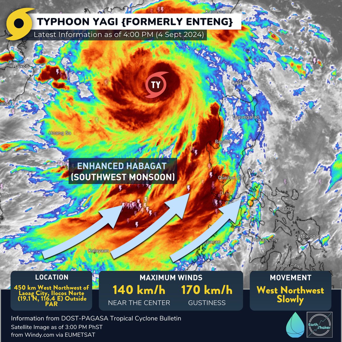 earthshakerph's tweet image. UPDATE SA BAGYO AT HABAGAT🌀🌧️

Lumakas pa bilang Typhoon ang Yagi o formerly #EntengPH na nasa labas na ng PAR ngayong hapon. Ang trough o extension nito ay nakaaapekto sa Northern Luzon.

[THREAD]