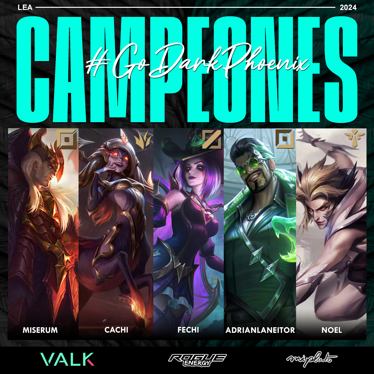 🏆 CAMPEONES DE LIGA 🏆

Aún estamos saboreando la victoria. ¡Nos hemos proclamado campeones de 1ª división de <a href="/LEAmateur_/">LEA</a> ! 🥳 Aquí os dejamos la imagen conmemorativa.

Pronto iremos subiendo algunas de las mejores jugadas. 

#GoDarkPhoenix #LeagueofLegends #eSports #LEA
