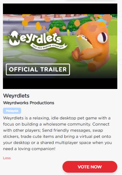 ✨We got nominated as a SEA GAME AWARDS FINALIST! 

Please support us by voting for Weyrdlets for the Audience Choice Award! ❣️

1) Sign up for an account using this link: platform.mdec.com.my/DCC_NEXT/DCC_S…

2) Vote for Weyrdlets! 🫶
