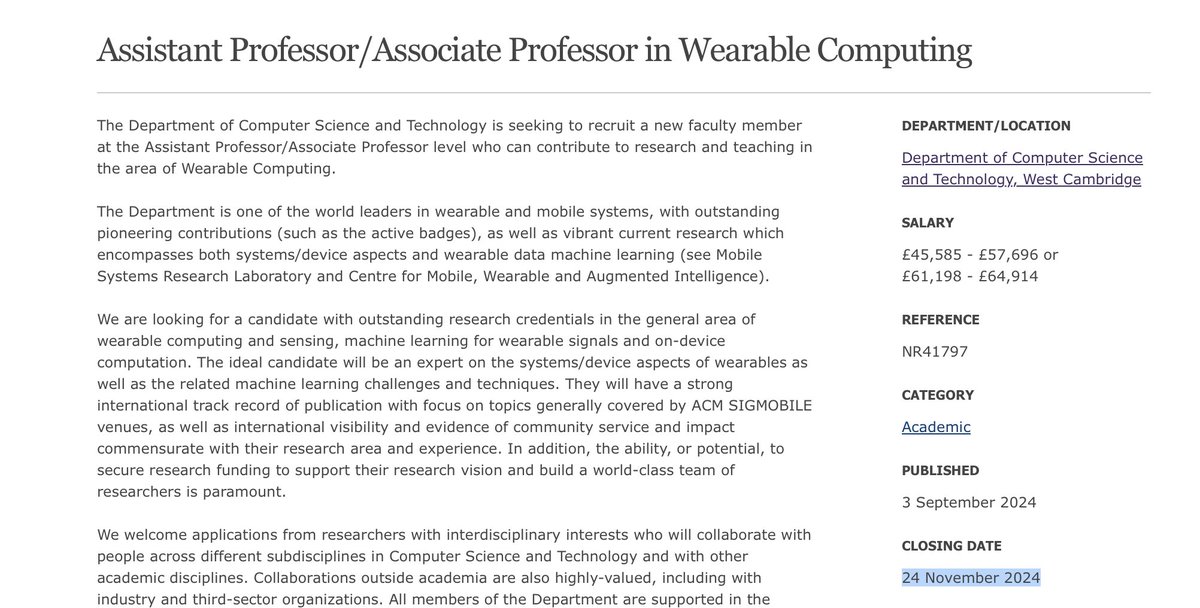 Cecilia Mascolo🇪🇺🇬🇧 (@cecim) on Twitter photo We have opened an Assistant/Associate Professorship in Wearable Computing <a href="/Cambridge_CL/">Cambridge Computer Science</a> <a href="/Cambridge_Uni/">Cambridge University</a> Please share widely and/or apply!
jobs.cam.ac.uk/job/46654/ Deadline 24 November 2024. We have opened an Assistant/Associate Professorship in Wearable Computing <a href="/Cambridge_CL/">Cambridge Computer Science</a> <a href="/Cambridge_Uni/">Cambridge University</a> Please share widely and/or apply!
jobs.cam.ac.uk/job/46654/ Deadline 24 November 2024.