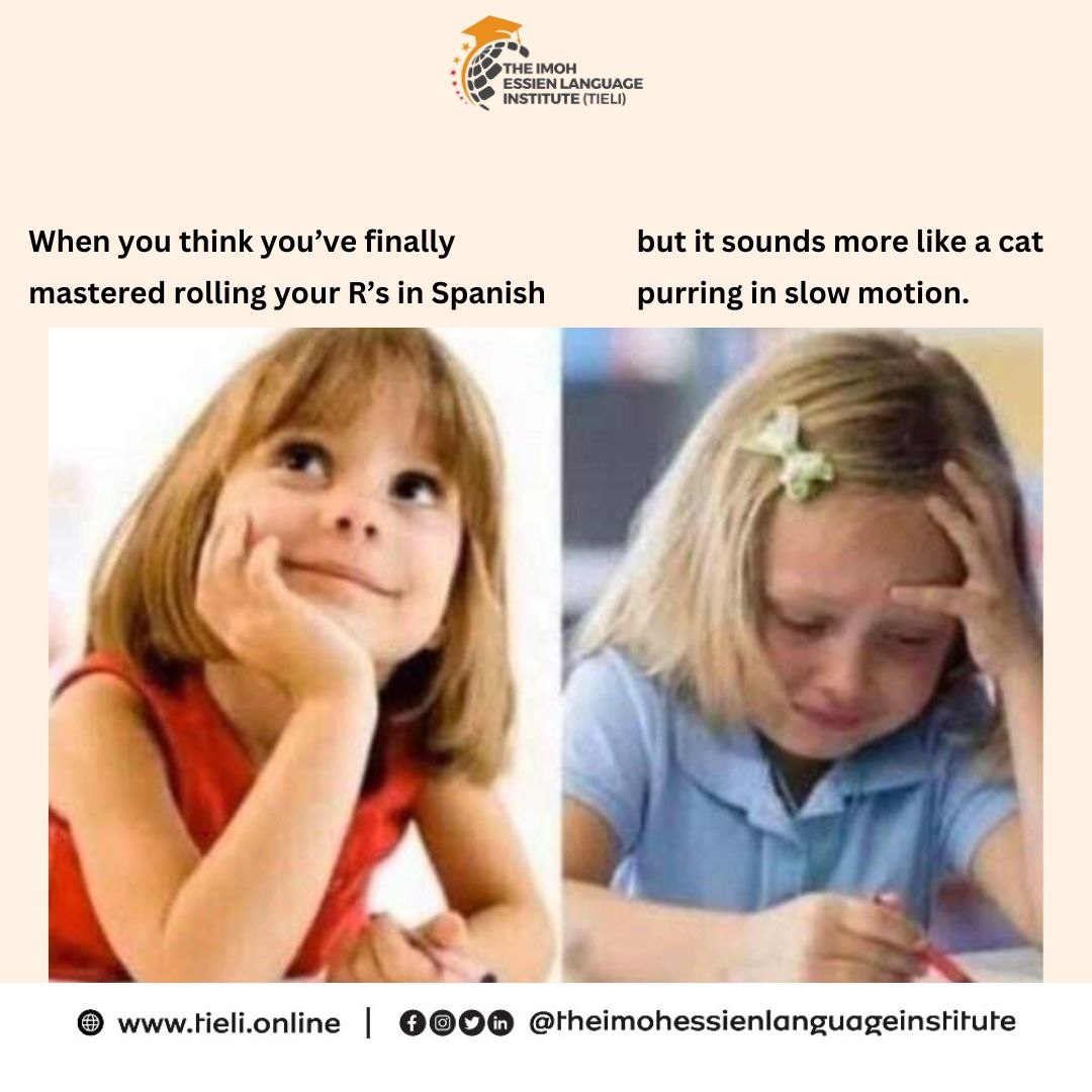 languageenclave's tweet photo. The Struggle is Real!

When you’re trying to roll your R’s in Spanish, but it sounds more like a car engine failing... 😅

Need help mastering Spanish pronunciation? Let TIELI guide you through every sound, roll and accent.

#TIELI
#languagememe https://t.co/kln4w74Ak4