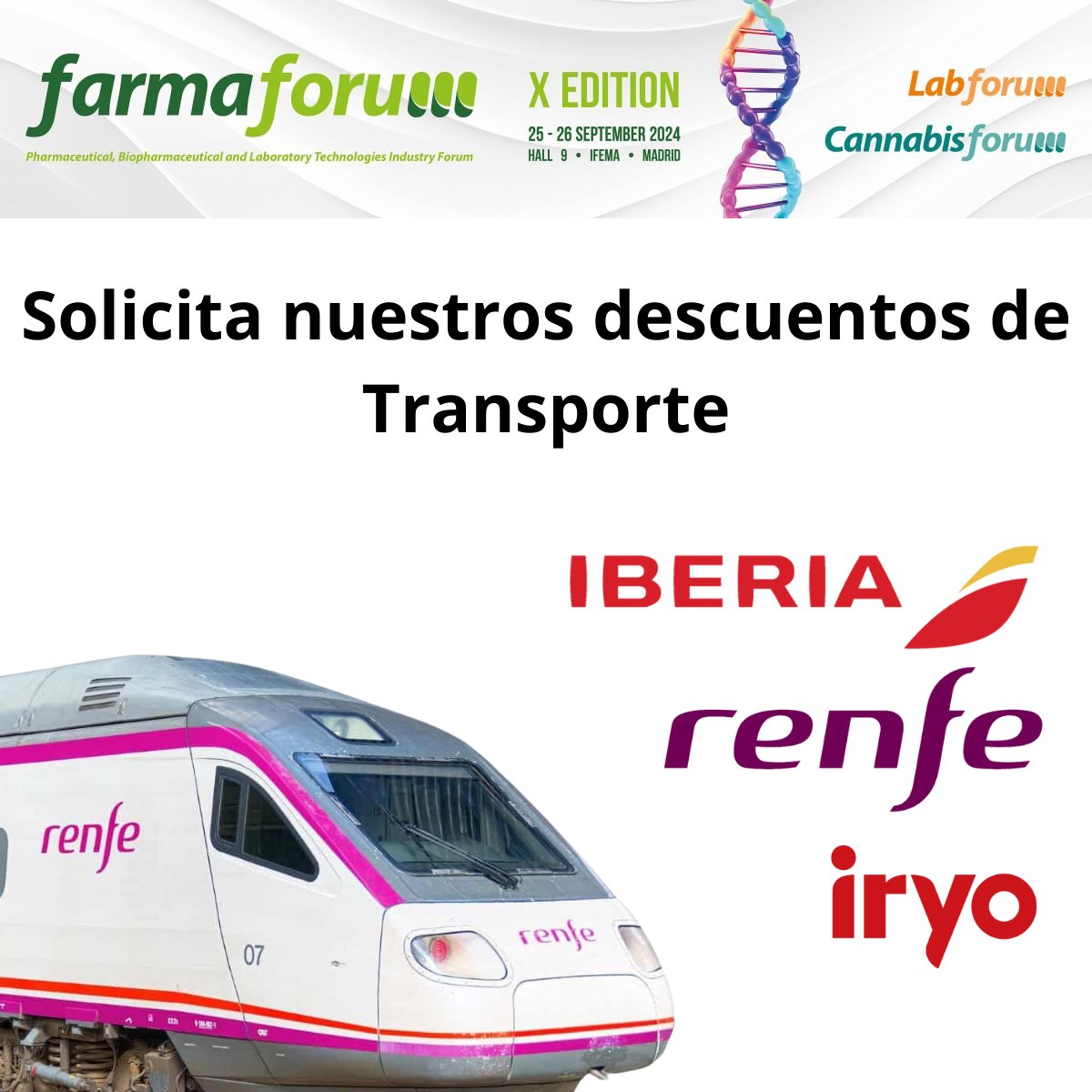 Farmaforum (@farmaforum) on Twitter photo Si visitas #Farmaforum 2024 puedes solicitar nuestros #descuentos de transporte con Iberia, Renfe e Iryo🚄🛫🚊
Puedes solicitarlos en administracion@farmaforum.es
Info del evento👉🏼farmaforum.es
🗓️25 y 26 septiembre
📍Pabellón 9, IFEMA, Madrid
¡Nos vemos en la feria! Si visitas #Farmaforum 2024 puedes solicitar nuestros #descuentos de transporte con Iberia, Renfe e Iryo🚄🛫🚊
Puedes solicitarlos en administracion@farmaforum.es
Info del evento👉🏼farmaforum.es
🗓️25 y 26 septiembre
📍Pabellón 9, IFEMA, Madrid
¡Nos vemos en la feria!
