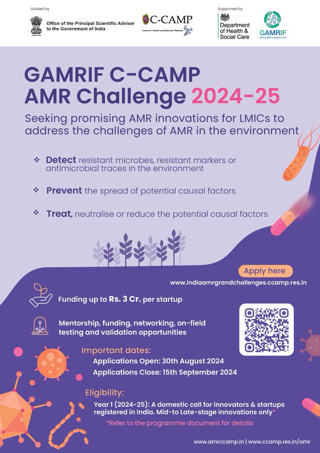 Big news in the fight against antimicrobial resistance (AMR)!

The UK’s Global AMR Innovation Fund and <a href="/CCAMP_India/">C-CAMP</a> is offering up to £300,000, per innovation, to Indian startups working to tackle this silent pandemic.

🇬🇧🤝🇮🇳