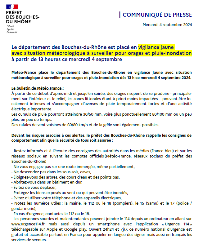 Préfet de la région Provence-Alpes-Côte d'Azur (@prefet13) on Twitter photo 🟡Le <a href="/departement13/">Département des Bouches-du-Rhône</a> est en #VigilanceJaune avec situation météorologique à surveiller pour #orages et #PluieInondation dès 13 heures ce mercredi 4 septembre.
Le @prefet13 appelle à la vigilance de chacun.
Comportements de sécurité à adopter⬇️ 🟡Le <a href="/departement13/">Département des Bouches-du-Rhône</a> est en #VigilanceJaune avec situation météorologique à surveiller pour #orages et #PluieInondation dès 13 heures ce mercredi 4 septembre.
Le @prefet13 appelle à la vigilance de chacun.
Comportements de sécurité à adopter⬇️
