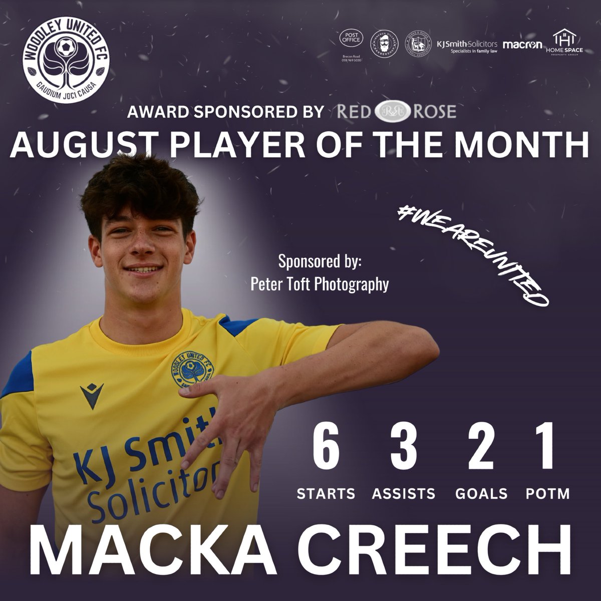 We are delighted to announce your August Player of the Month!

Macka Creech 👏🏻

In what has been a tough start to the season for a new squad, Macka made 6 starts, 3 assists and chipped in with 2 goals!

PotM award sponsored by Red Rose Woodley.

#WeAreUnited