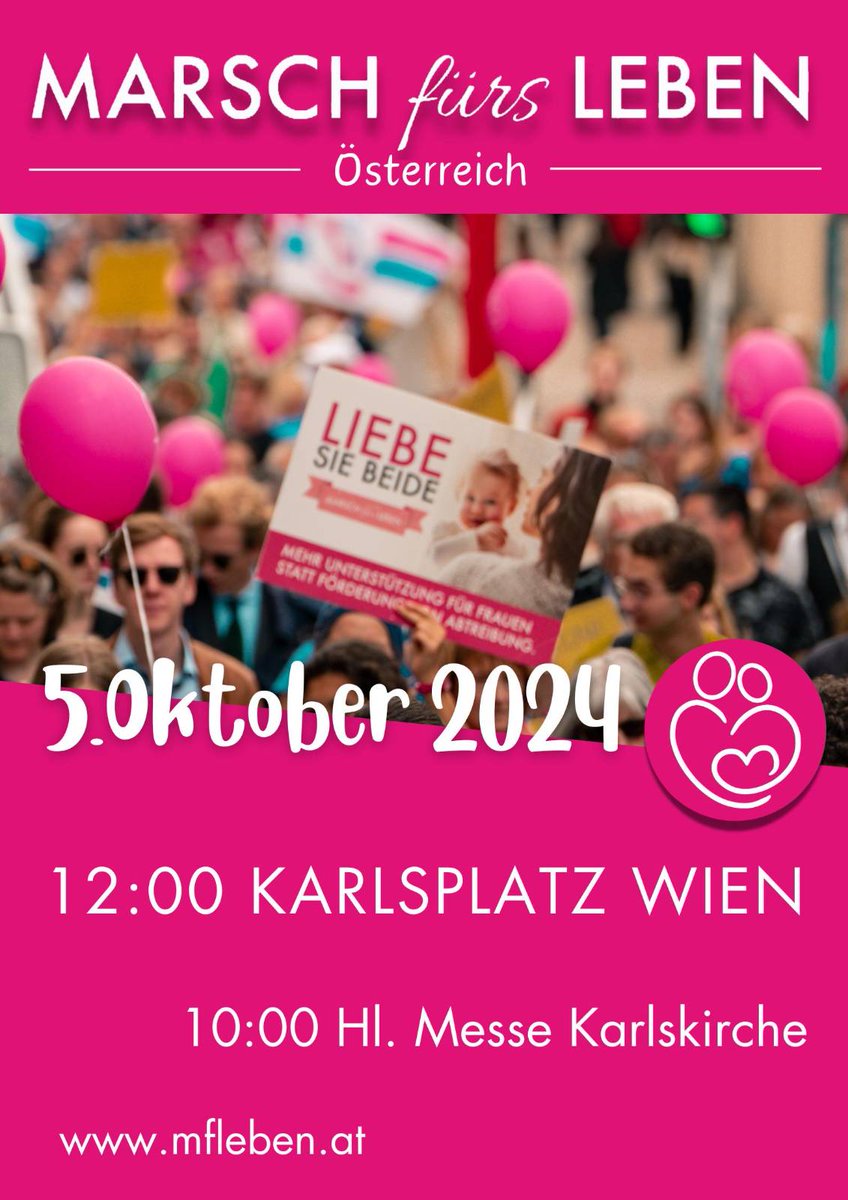 Am 5. Oktober um 12:00 findet der Marsch fürs Leben in Wien statt. Kommt zahlreich und bringt eure Freunde und Familien mit!

Wer den Marsch fürs Leben mit einer Spende auch finanziell unterstützen möchte kann das hier tun: mfleben.at/#spenden