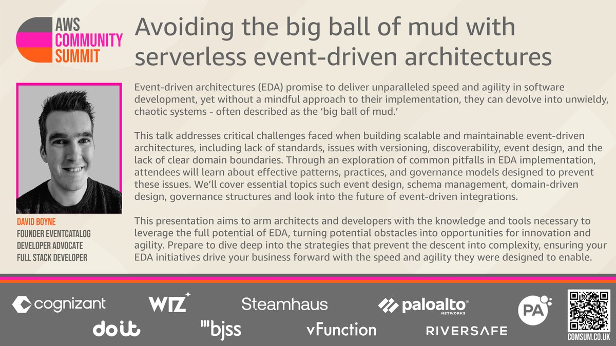 aws community summit (@awscomsum) on Twitter photo We're delighted to say that the great <a href="/boyney123/">David Boyne 🚀</a> is back speaking at Comsum this year.
Catch him in the Architects Track! 26/09 MCR
tinyurl.com/2f9af3m2
AWS Comsum Supported by:
@BJSS <a href="/Cognizant/">Cognizant</a> @DoiT
<a href="/PA_Consulting/">PA Consulting</a> <a href="/PaloAltoNtwks/">Palo Alto Networks</a>
<a href="/RiverSafeUK/">RiverSafe</a> @Steamhaus @vFunction We're delighted to say that the great <a href="/boyney123/">David Boyne 🚀</a> is back speaking at Comsum this year.
Catch him in the Architects Track! 26/09 MCR
tinyurl.com/2f9af3m2
AWS Comsum Supported by:
@BJSS <a href="/Cognizant/">Cognizant</a> @DoiT
<a href="/PA_Consulting/">PA Consulting</a> <a href="/PaloAltoNtwks/">Palo Alto Networks</a>
<a href="/RiverSafeUK/">RiverSafe</a> @Steamhaus @vFunction