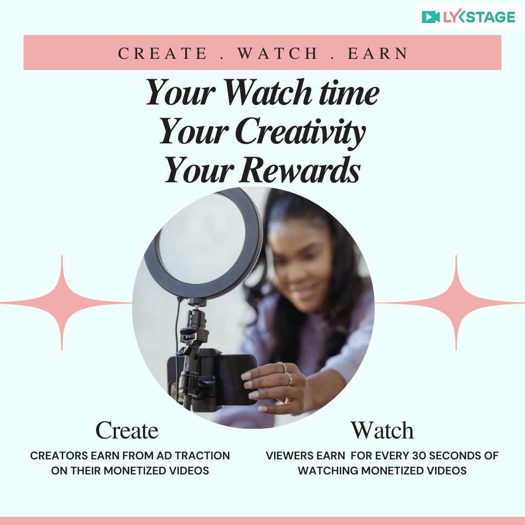 Create, Watch, and Earn with LYKSTAGE! 😌
Creators earn from ad revenue based on their content's traction, while viewers earn for every uninterrupted 30 seconds watched on monetized videos.
Your watch time, creativity, and earnings—it's all yours!🎉🎉🎉

#LYKSTAGE #WatchAndEarn