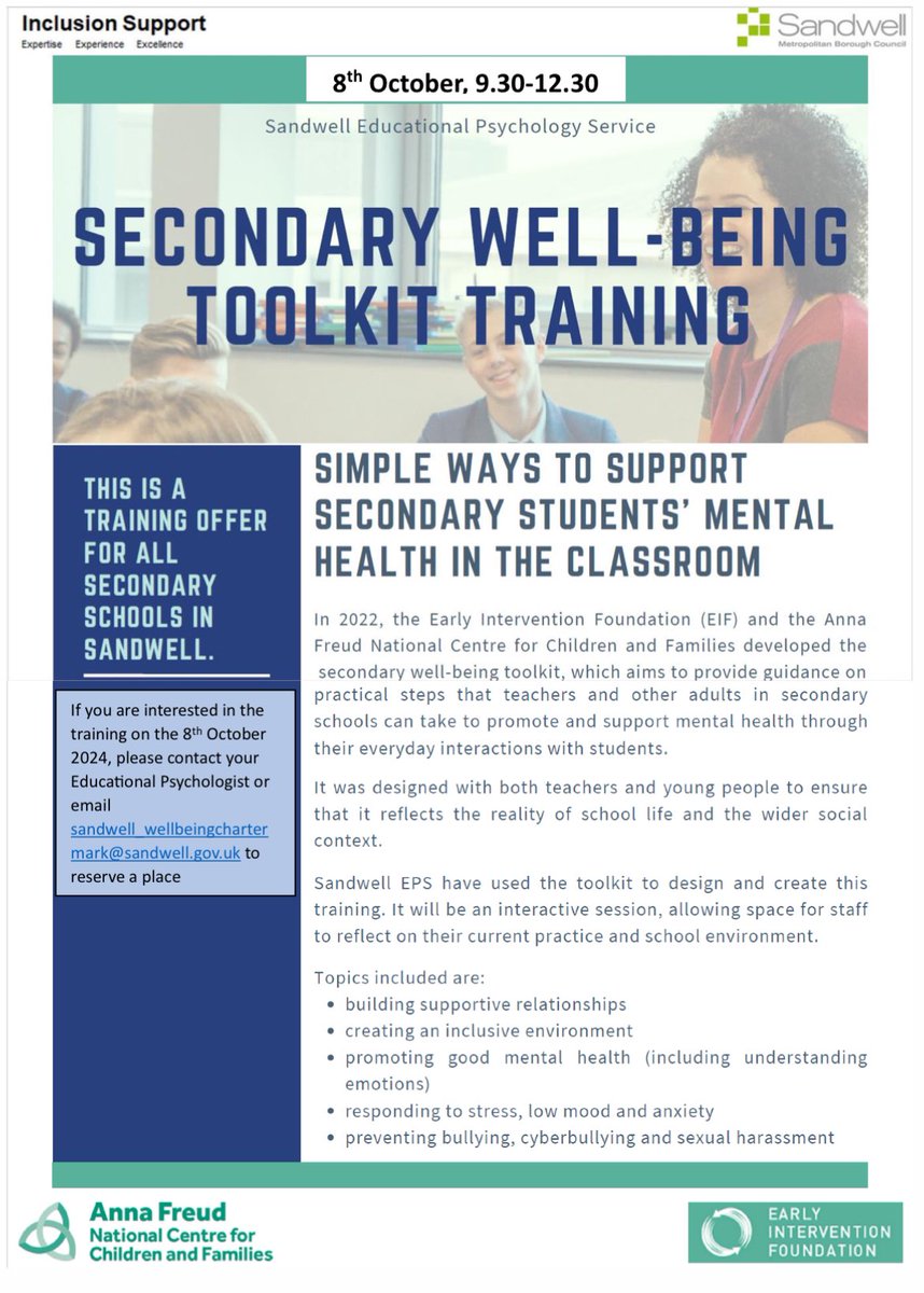 Welcome back to a new term!!!

Lots of exciting events being planned for sandwell schools this year. Starting with this training on 8th October 2024. Sorry Sandwell Secondary schools ONLY!