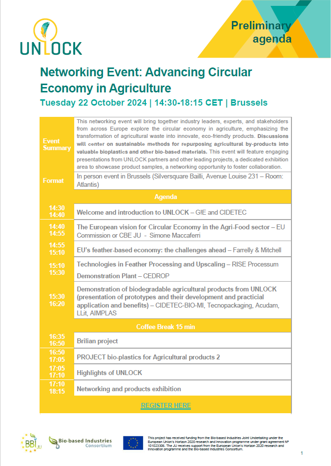 🌱Join <a href="/UNLOCK_BBI/">UNLOCK_BBI project 🇪🇺 🪶🐥</a> on Oct 22 in Brussels for a Networking event on transforming agricultural waste into eco-friendly products. Discover innovations like bioplastics from feathers, network with industry leaders, and explore new partnerships. 
Register here: forms.gle/8U3xYk8PQuU6BU…