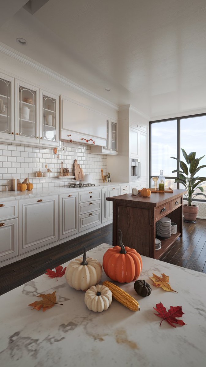 tinyhomedecor's tweet image. Transform your kitchen into a cozy autumn retreat 🍂✨. This warm and inviting fall-inspired setup combines natural tones with subtle seasonal touches like mini pumpkins, golden corn, and autumn leaves. 🍁 Who’s ready to embrace fall vibes in their home? 🍊🏡 #FallKitchenDecor…