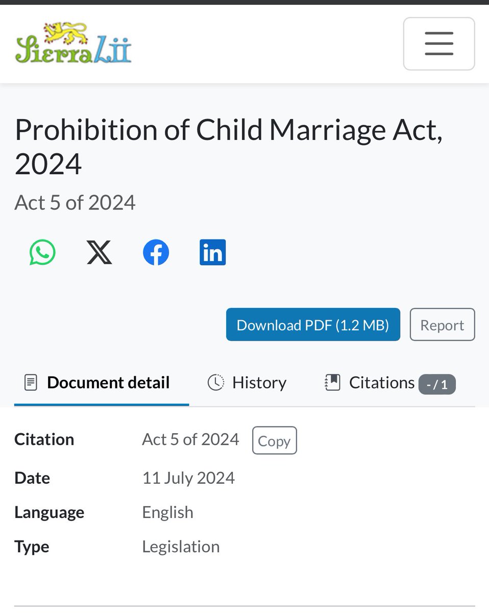 Prohibition of Child Marriage Act, 2024

This legislation seeks to protect girls from a deeply harmful practice that has long violated their rights 

sierralii.gov.sl/akn/sl/act/202…