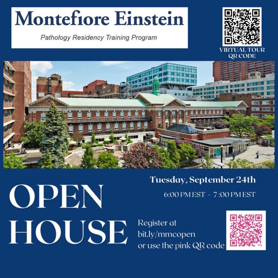 The Montefiore Einstein Pathology Residency Program invites you to a virtual Open House on Sept 24 (Tues) at 6pm! To register, scan the pink QR code or visit bit.ly/mmcopen. Scan black QR code for virtual online tour. See you there! 
#pathmatch25 #pathtwitter