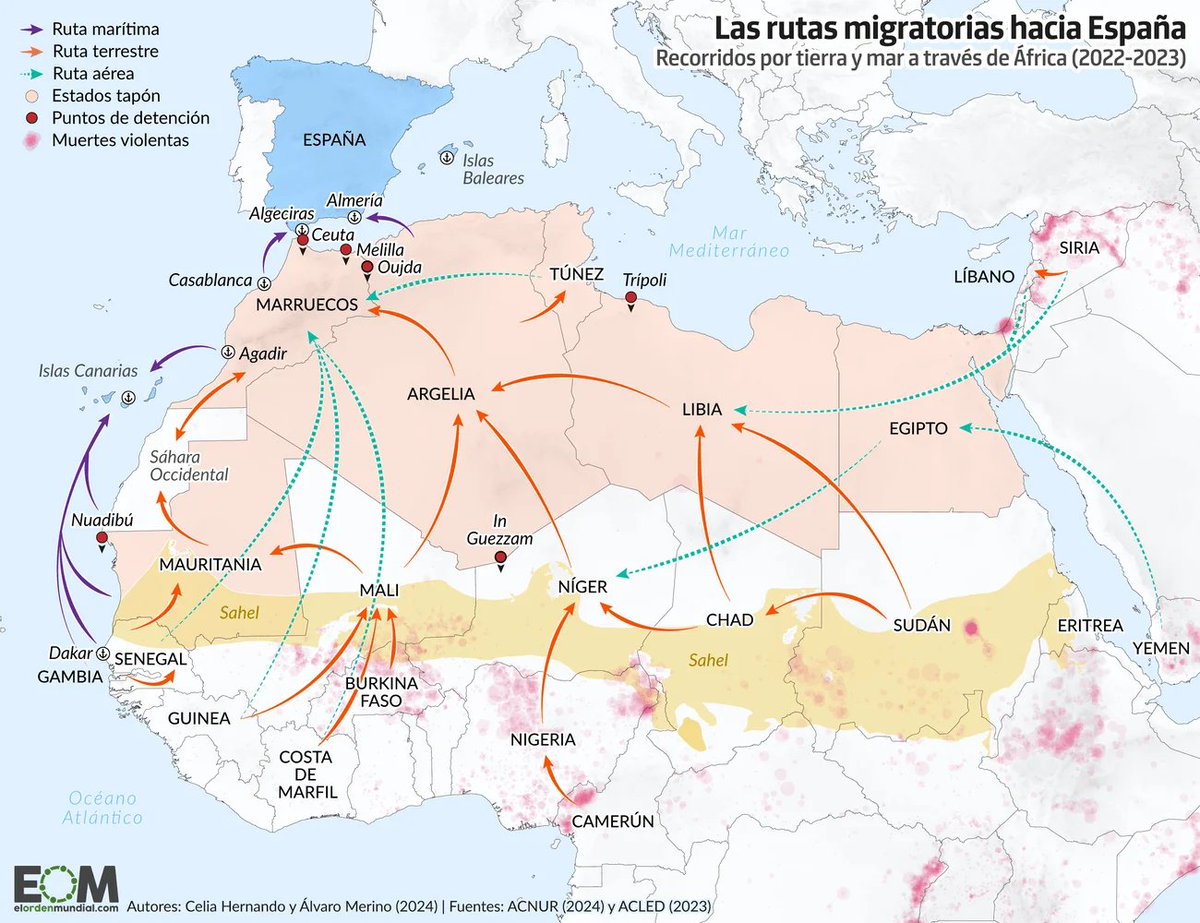 ✳️porCausa (@porcausaorg) on Twitter photo Rutas migratorias (tierra y mar) desde el continente africano hacia España. Mapa de @geocelia_ y @alvaro_merino_ para <a href="/elOrdenMundial/">El Orden Mundial</a> 
elordenmundial.com/mapas-y-grafic… Rutas migratorias (tierra y mar) desde el continente africano hacia España. Mapa de @geocelia_ y @alvaro_merino_ para <a href="/elOrdenMundial/">El Orden Mundial</a> 
elordenmundial.com/mapas-y-grafic…