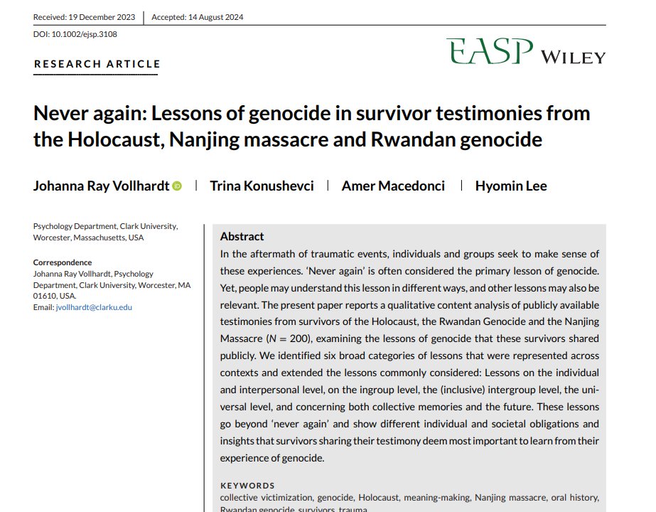 Johanna Ray Vollhardt (jrvollhardt.bsky.social) (@jorayvo) on Twitter photo Now published, based on content analysis of 200 oral testimonies from survivors: "Never again: Lessons of genocide in survivor testimonies from the Holocaust, Nanjing massacre and Rwandan genocide." Open access to article here: onlinelibrary.wiley.com/doi/10.1002/ej… Now published, based on content analysis of 200 oral testimonies from survivors: "Never again: Lessons of genocide in survivor testimonies from the Holocaust, Nanjing massacre and Rwandan genocide." Open access to article here: onlinelibrary.wiley.com/doi/10.1002/ej…
