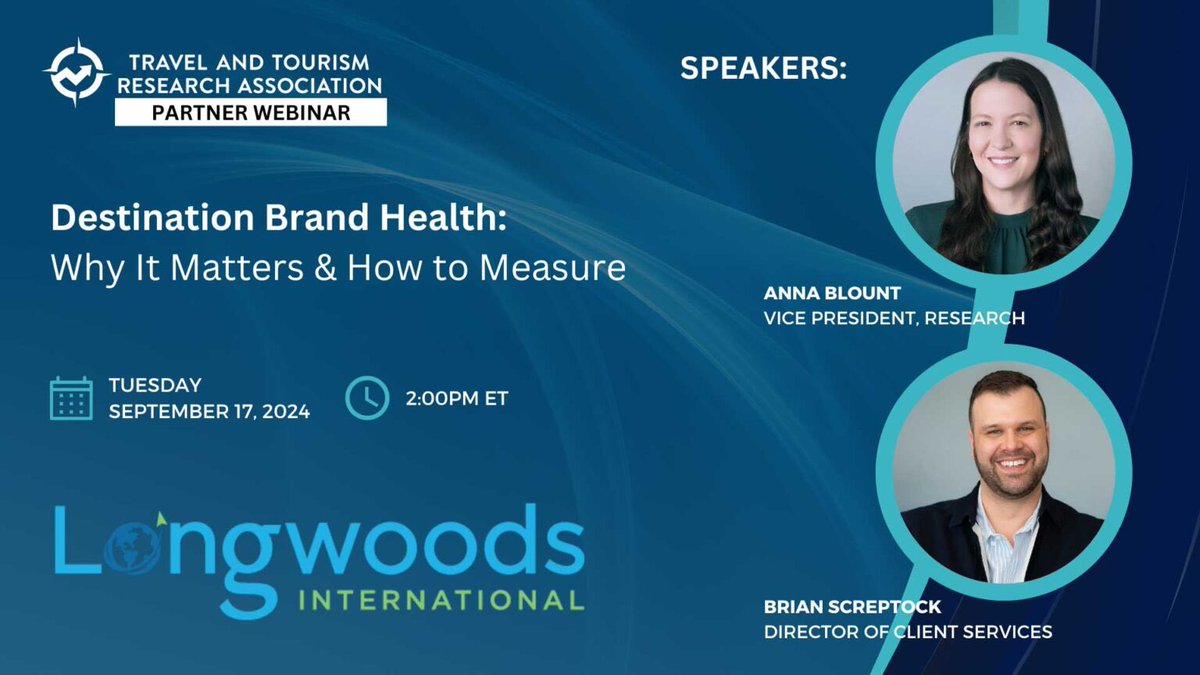 Register now for the upcoming <a href="/TTRATweets/">TTRA</a> Partner Webinar featuring some of our own <a href="/Lngwds/">Longwoods Intl.</a> team members discussing Destination Brand Health!  #TTRA #Travel #Tourism 

ttra.com/events/ttra-pa…