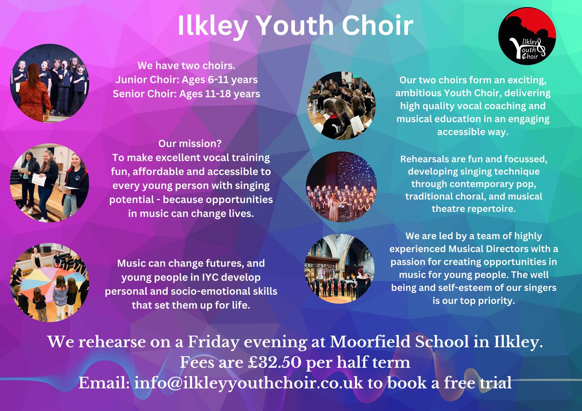 Rehearsals recommence this Friday 6th September. We still have places available for anyone aged 6-18 years that loves to sing to join us! 

Get in touch to book a free trial session. Info@ilkleyyouthchoir.co.uk.
