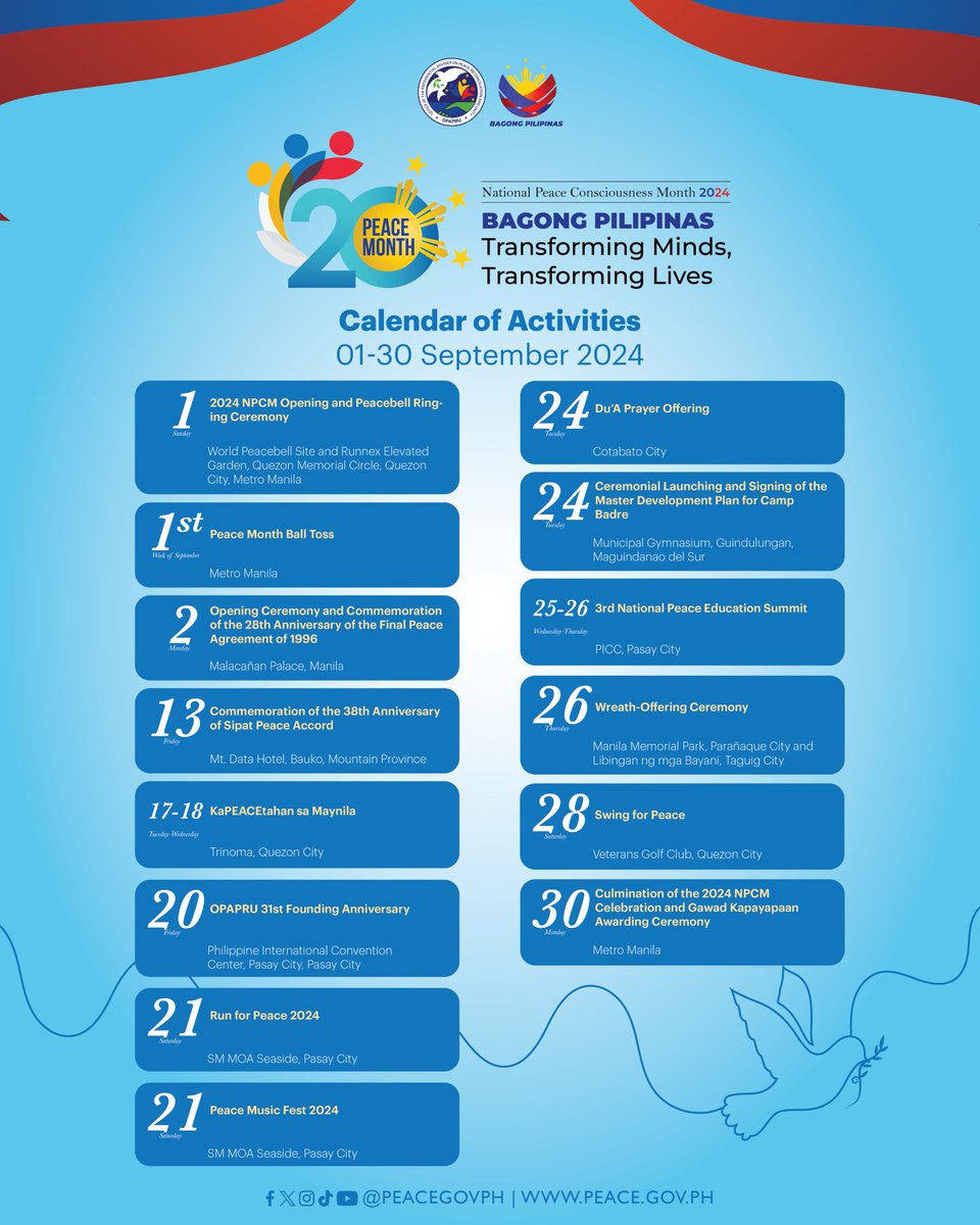 peacegovph's tweet photo. Our #20thPeaceMonth celebrations are officially in full swing! Explore the calendar below to discover the full lineup of exciting activities and events we have planned for this special month!

#PeaceMonth2024
#PhilippinePeaceProcess https://t.co/7FcEVwsmZx