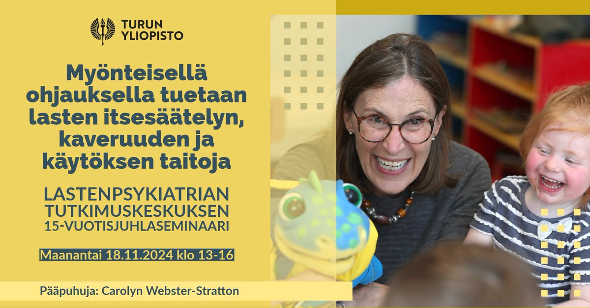 Ihmeelliset vuodet on esillä <a href="/UniTurku/">Turun yliopisto - University of Turku</a> Lastenpsykiatrian tutkimuskeskuksen juhlavuoden päätösseminaarissa, jossa keskitytään lasten käytösongelmien ehkäisyyn kasvatus- ja opetusalalla.

Tutustu ohjelmaan ja ilmoittaudu mukaan: utu.fi/fi/myonteisell…