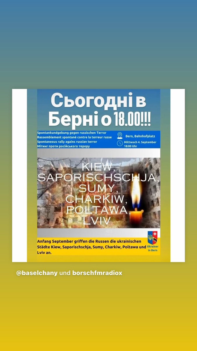 BERN 🇺🇦🇨🇭

Freunde der Ukraine,

heute um 18 Uhr findet eine Solidaritätskundgebung statt! kommt bitte dazu ❤️‍🩹

📍Bahnhofsplatz